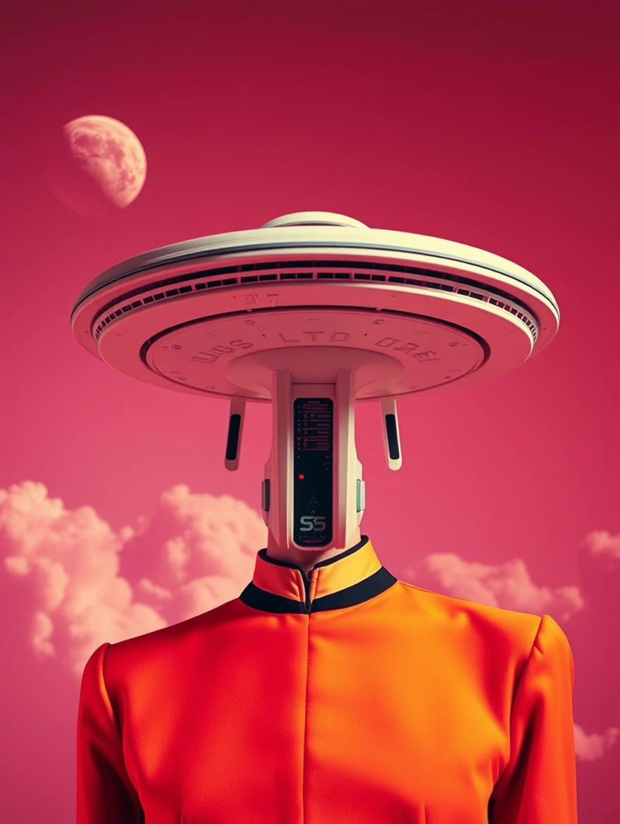 portrait shot of the starship USS Enterprise , Surreal Fashion lomochrome by Maurizio Cattelan, Asger Carlsen, minimalist collages, colorful realism, art nouveau inspiration, puffy shapes, otherworldly visions, precarious balance, baseline, doppler shift