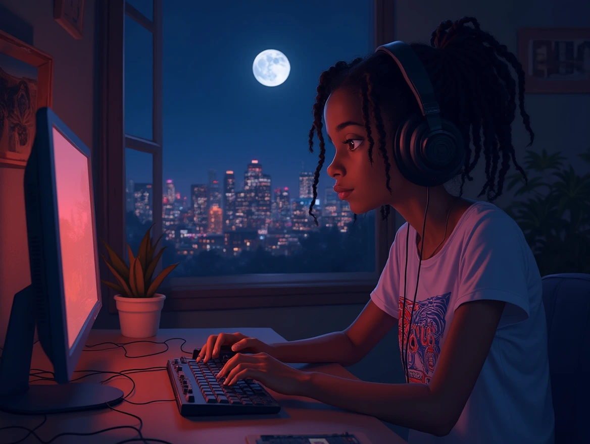 An anime-style illustration of an African American girl with braided hair, wearing over-ear headphones and a graphic T-shirt, intensely focused on her computer screen in a cozy, warmly lit room. The cityscape outside her window glows under the moonlight, creating a nostalgic and vibrant atmosphere. A touch of artistic flair in the top right corner enhances the stylish composition, adding an extra layer of creativity to the scene.