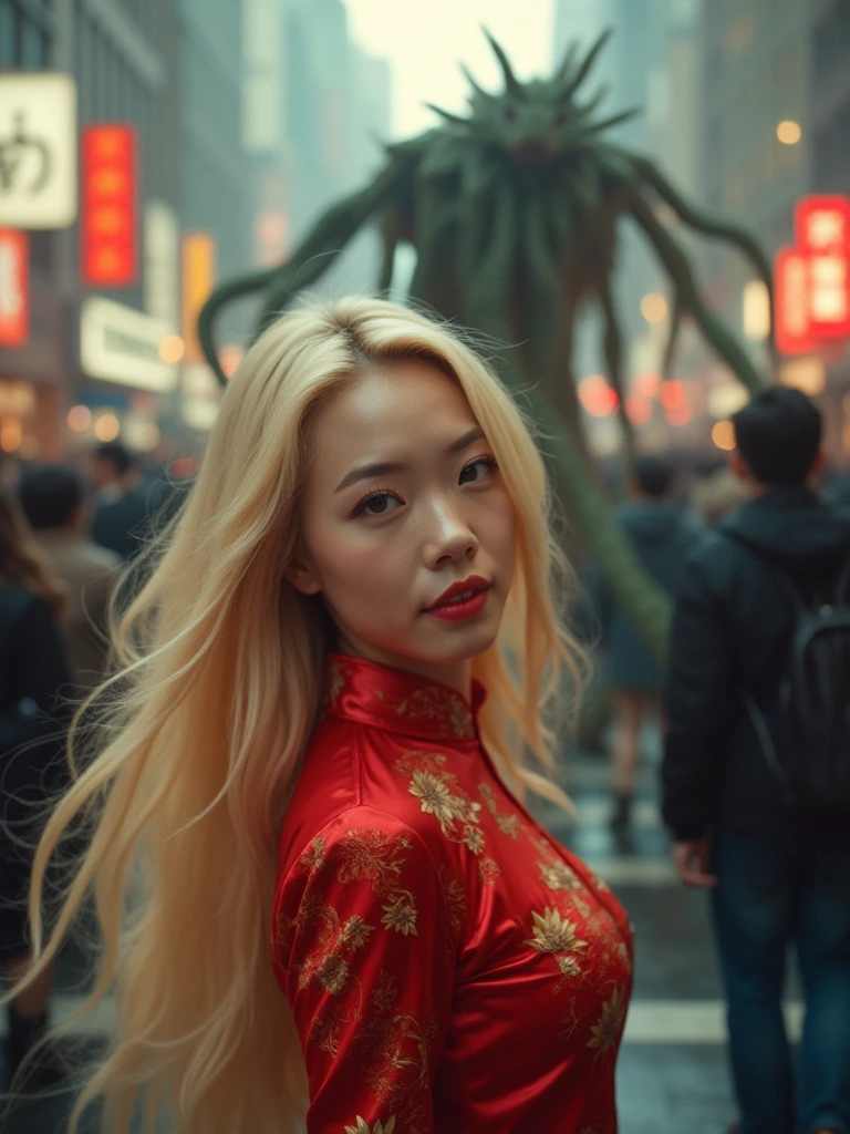 A blonde Chinese woman with long flowing hair wearing a red traditional cheongsam dress, posing for a selfie in a crowded city street. In the background, a menacing "Stranger Things" monster emerges unexpectedly, its slimy tentacles reaching out towards her, adding a thrilling supernatural element to the scene. High resolution, dynamic lighting, cinematic composition.