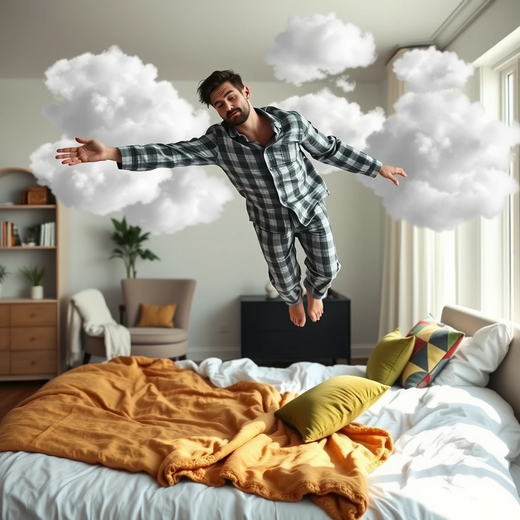 A surreal image of a modern, well-lit bedroom full of white clouds floating with a man levitating horizontally above a bed. The man wearing a gray plaid pajama, and appears to be in a deep sleep or relaxed state, with his eyes closed. while the rest of his body is suspended in the air. 
The bed below him has a white, slightly disheveled sheet, with a mustard yellow blanket partially draped over the side. There are two pillows on the bed, one green and another with a colorful geometric pattern. 
In the background, a cozy upholstered chair with a white blanket draped over it is visible. To the left, there is an open shelf with books and decorative objects, and a potted plant on a dresser. The room is softly lit by natural light coming through a large window, illuminating the serene yet mysterious scene. The walls are light-colored, likely white or a very pale shade, which enhances the focus on the levitating man and the soft-toned elements in the room. The overall atmosphere is calm and serene, with the levitation adding a dreamlike, slightly unsettling contrast.