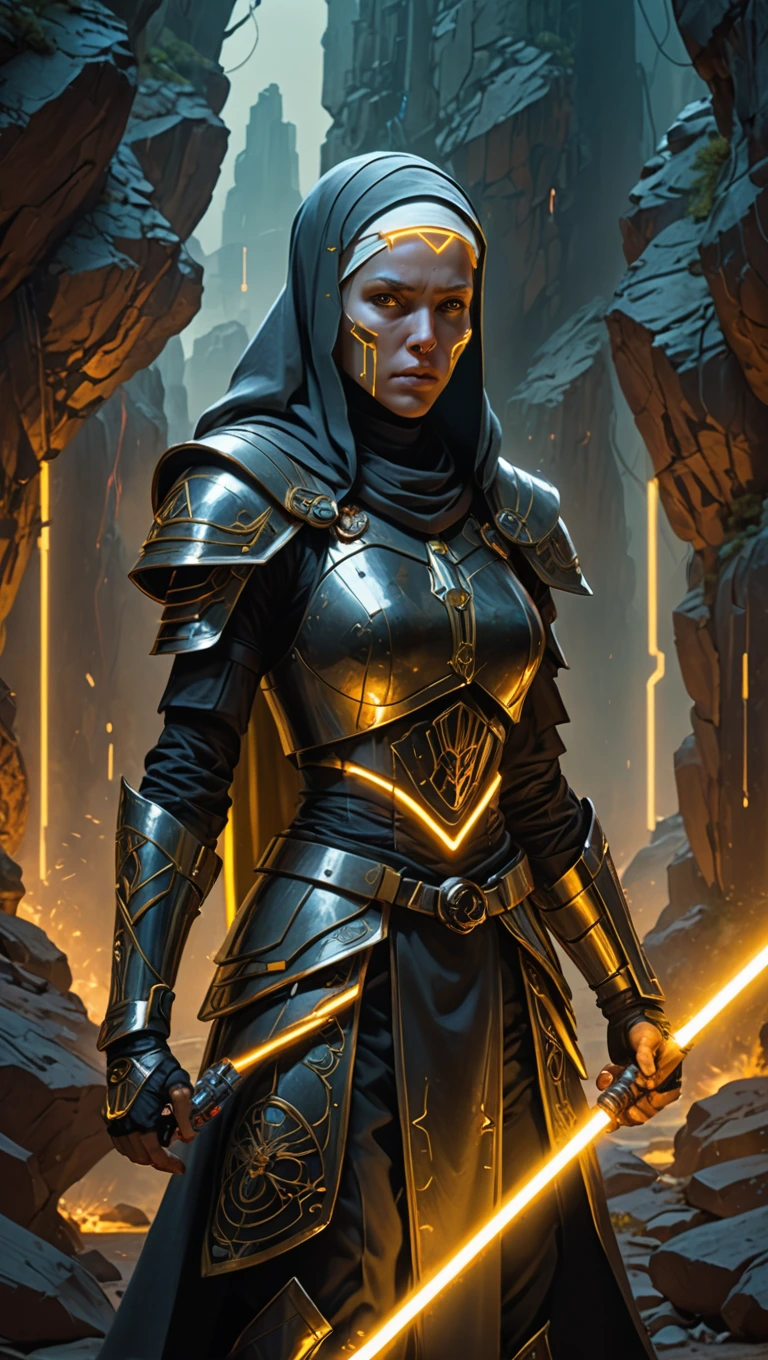 An ancient enhanced warrior nun with a stern stance, amidst towering rocks. Her luminous armor is adorned with neon wires, emitting a soft glow. She wears a nun's headscarf, concealing her face. In her grip is a futuristic lightsaber, emitting a vibrant yellow light, crackling with energy and surrounded by sparks. The scene is charged with a tense atmosphere, rendered in high-definition with intricate details, accentuating the elaborate armor and decorative elements.