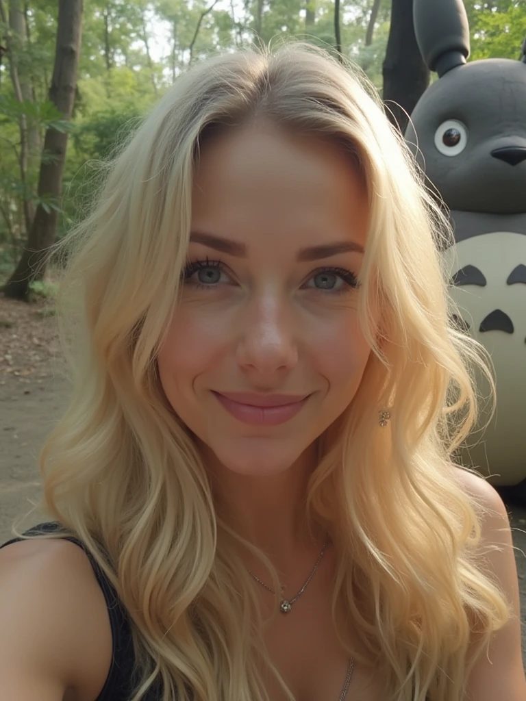 Blonde woman photobombed by a totoro while taking a selfie