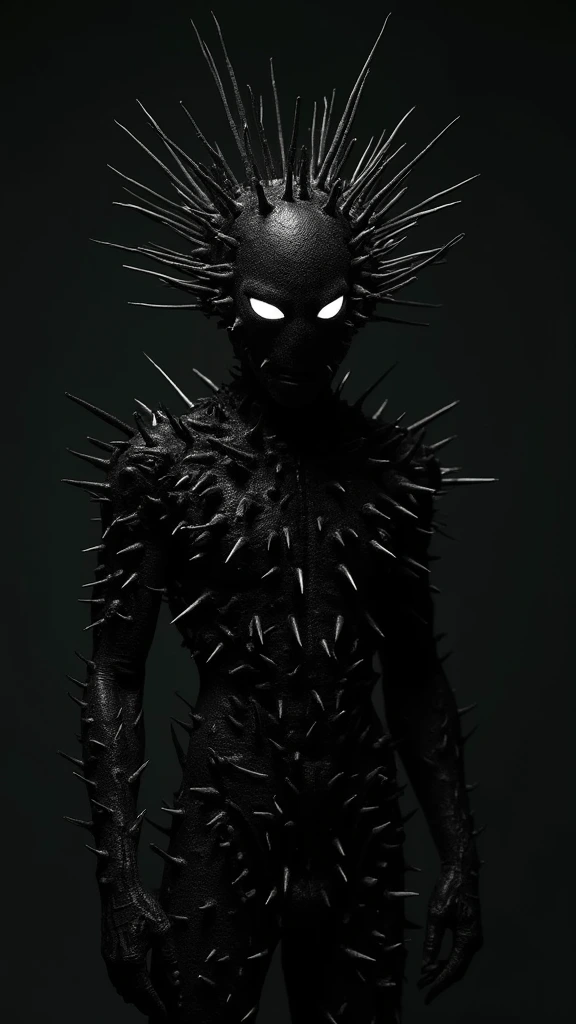 A surreal monochromatic portrait capturing a humanoid figure encased in sharp, needle-like spikes. The sleek black mask on its face boasts vacant white eyes, framed by a stunning arrangement of spikes akin to erupting solar flares. The body showcases intricate spikes of varying lengths and thicknesses against a shadowy backdrop. The dynamic pose with twisted arms enhances the unearthly essence, while dramatic lighting highlights the spikes' gleam and precision. This avant-garde fashion photograph exudes horror with a centered composition, evoking a palpable aura of presence and impending danger. Ultra-high resolution, detailed textures, cinematic lighting, hyper-realistic quality, 16k resolution.