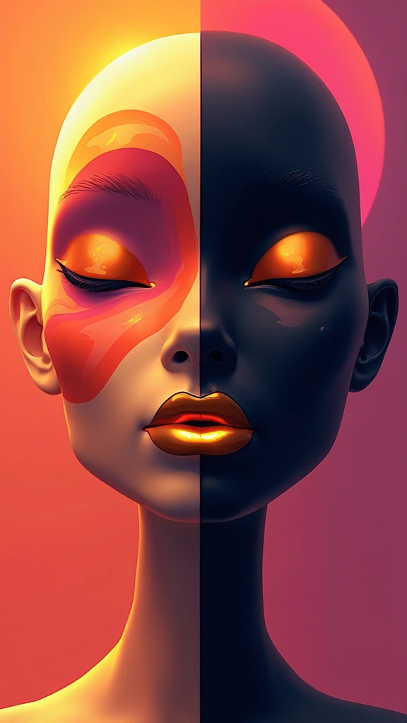 A surreal digital illustration of a stylized human face made up of abstract, fluid shapes, with a combination of smooth, flowing lines and sharp geometric edges. The left side of the face is formed by a mix of vibrant sunset hues, including deep oranges, pinks, and golds, while the right side features a more rigid, sleek black, sculpted form with minimalist features. The lips are bright metallic gold and glossy, positioned centrally, creating a striking focal point. The background is a gradient that transitions from warm coral at the center to a rich violet at the edges, giving a glowing effect behind the abstract face. The overall style is futuristic and artistic, with a strong emphasis on contrast and symmetry.