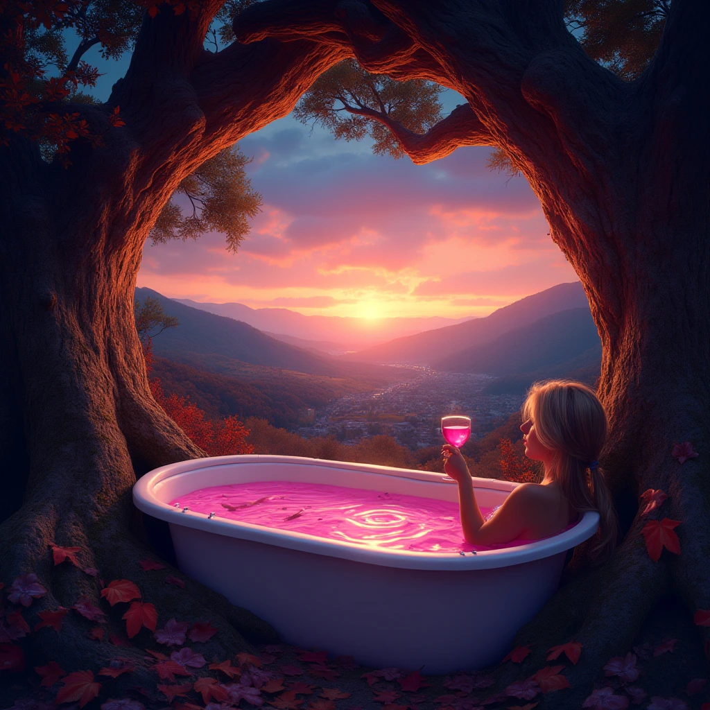 A hole in a massive oak tree trunk showcases a serene valley below with cozy village, bathed in warm sunset glow. Autumn leaves add color, creating a tranquil atmosphere. 

Vaporwave style: A woman in a bathtub enjoys a glass of wine, set against the night sky background. Pink water fills the large bath, exuding relaxation and dreamy vibes. The scene is filled with magic, fantasy, and a dreamlike atmosphere, perfect for a serene escape into the universe.