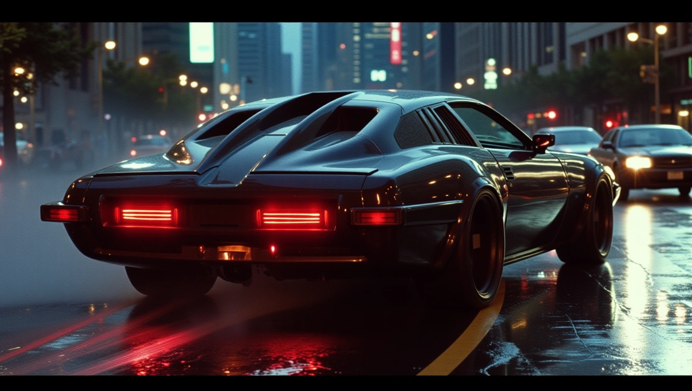 A musclepunk-inspired car with a sculptural fiberglass auto-body resembling bulging musculature like a biceps, painted in dark claret to resemble a diagram of muscle fiber. Its red taillights shine in the night as it speeds down a wet city street, leaving behind squealing tires and a cloud of black smoke on the asphalt. The scene is reminiscent of a blend between Alex Grey and Robert Crumb's artistic styles, creating a surreal and dynamic atmosphere.