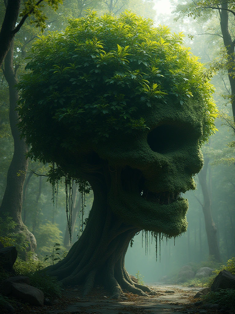 photo of a tree from a distance. The leaves form the very subtle shape of a skull. Extremely detailed hyperrealistic accurate photorealistic ektachrome Deep shadows