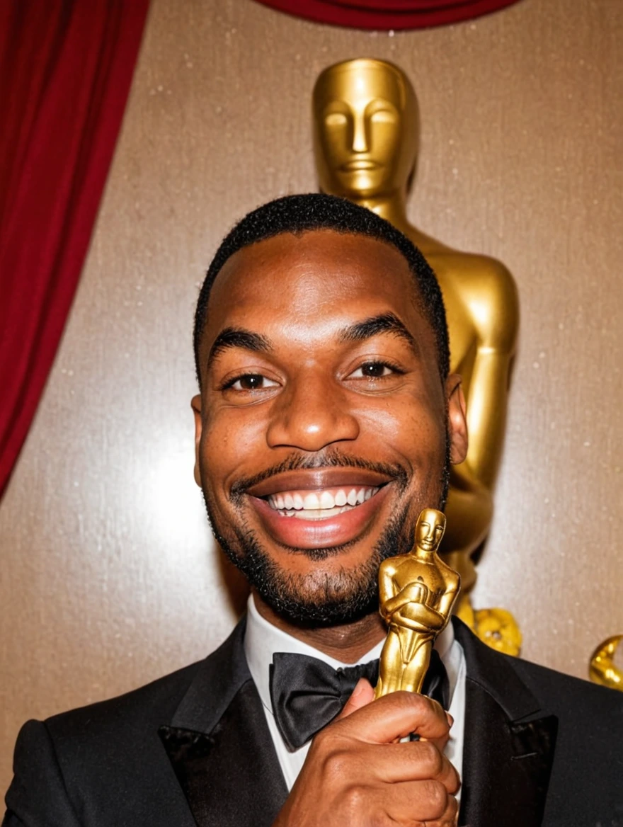 Man wearing a tuxedo winning an Oscar