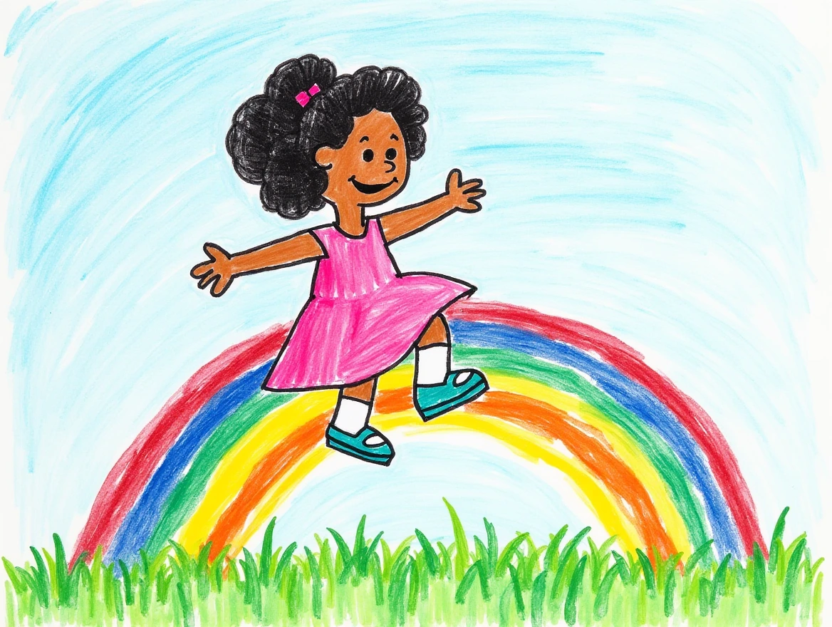 Child's crayon drawing, a African American girl in a pink dress, white socks and tiffany blue shoes riding on a rainbow, blue sky, summer, below the rainbow a boundless field of summer meadow, childish, heavy outlines, 16 count crayon set, white paper, amateur, no perspective, immature artist, preschool artwork, badly proportioned, extremely heavy outlines, crooked rough lines, in the style of a toddler, simple geometric shapes, primitive variation on Charles Schultz