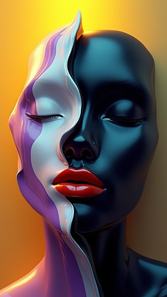 A surreal digital illustration of a glossy stylized human face with closed eyes made up of abstract, fluid shapes, with a combination of smooth, flowing lines and sharp geometric edges. The left side of the face is formed by a mix of colorful, swirling liquid wavy shapes moving upwards in shades of purple, teal and white and covering half of the face entirely, while the right side features a more rigid, black, separated sharply in the middle. sculpted form with minimalist features. The lips are bright red and glossy, positioned centrally, creating a striking focal point. The background is a gradient that transitions from warm yellow-orange at the center to a darker shade at the edges, giving a glowing effect behind the abstract face. The overall style is futuristic and artistic, with a strong emphasis on contrast and symmetry.