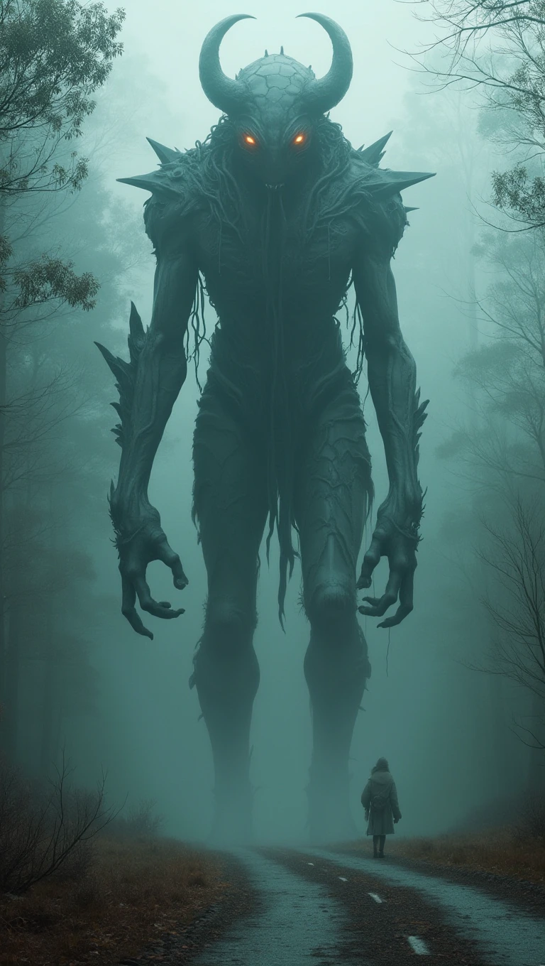 A strange colossus alien figure Inspired by a mixture of the styles of Moebius, Beksiński, Witkacy, on a foggy road, neo-medieval period and celestialpunk elements, with a black forest in the background, The scene captures a fusion of ancient medieval aesthetics with a futuristic and celestial twist, blending seamlessly in a photorealistic, detailed depiction.