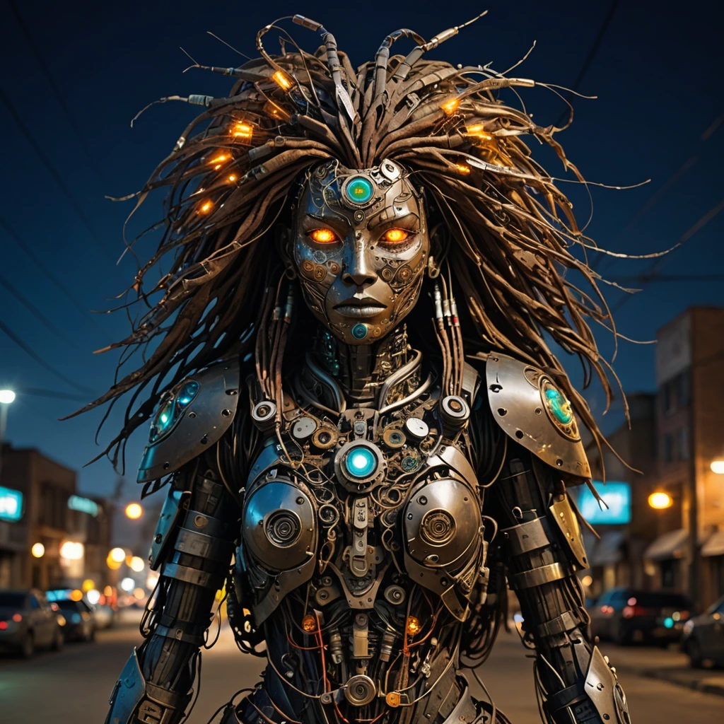 A woman pieced together from car parts, old tires, scrap cloth, rusty metal, broken glass, a flowing mane of wires and circuits, glowing eyes, with a flowing mane of wires and circuits, glowing eyes, and a heart that beats with the rhythm of the digital age. She stands tall, a testament to the ingenuity and resilience of the human spirit, ready to face any challenge. Her body is adorned with intricate tattoos, each one a symbol of her journey and her connection to the world around her. She has a jetpack strapped to her back, ready to soar into the sky.