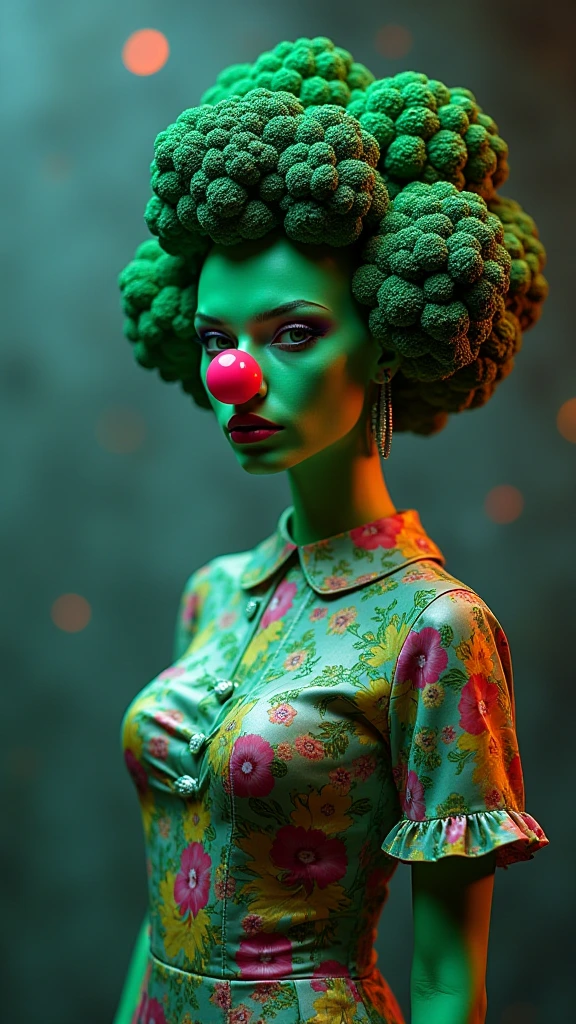 Neon colors, floral, unsettling, retro, vintage, glossy, satin-like, night-time, futuristic, iridescent,green , clown nose, futuristic fashion, scary broccoli whimsical, fantasy, green latex, dystopian, outdoors, metallic, hybrid, water, translucent, eerie, unsettling surrealism, muted colors horrorcore aesthetic [add buxom]