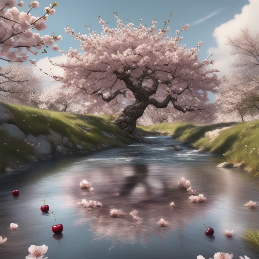 Generate a high-resolution, photorealistic image of a beautiful cherry tree in full bloom by a stream.
The illusion of a skull appears to be formed by the arrangement of windswept blossoms and boughs, as though through double exposure
, rendered in 8k resolution.