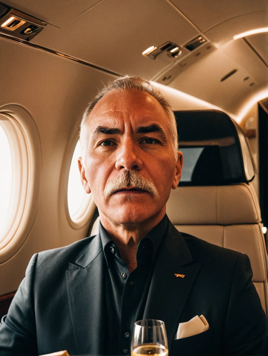 man drinking champagne on a private jet