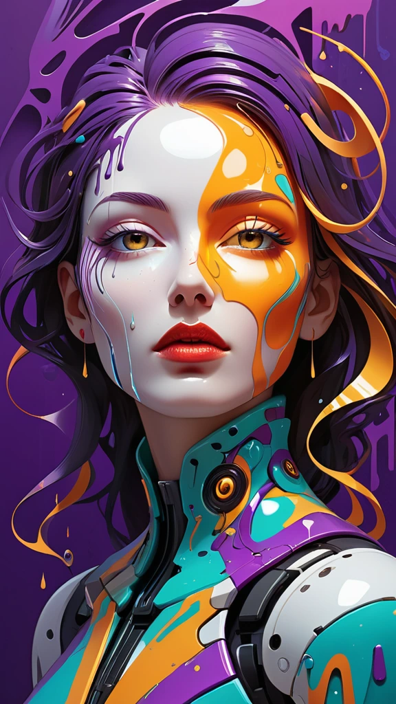 A surreal digital illustration of a stylized human face made up of abstract, fluid shapes, with a combination of smooth, flowing lines and sharp geometric edges. The left side of the face is formed by a mix of colorful, swirling liquid shapes in shades of glittery golden specks, purple, teal, and black, wet dripping down, while the right side features a more rigid cybernetic, white, sculpted form with digital and mechanical features. The lips are bright red and glossy, positioned centrally, creating a striking focal point. The background is an eerie prison cell red graffiti that transitions from warm yellow-orange at the center to a darker shade at the edges, giving a glowing effect behind the abstract face. The overall style is futuristic and artistic, with a strong emphasis on contrast and symmetry.