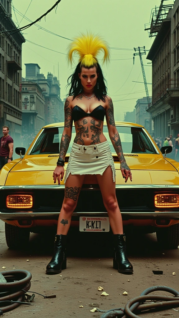 A post-apocalyptic femme fatale punk character with a vibrant neon yellow mohawk and bold undercut, large breasts,exuding defiance with intense eyes, dark makeup, and a striking red lip. Adorned with numerous piercings and elaborate tattoos of skulls and monsters on arms and back, her figure standing boldly in a tight-fitting, torn white dress. The backdrop features a gritty, chaotic urban dystopia with a rugged yellow muscle car bearing a 'KIL KIL' license plate, dilapidated buildings, faded graffiti, tangled wires, and ominous overcast skies, all bathed in vivid yet dark hues for a comic book aesthetic with high detail and dramatic lighting.