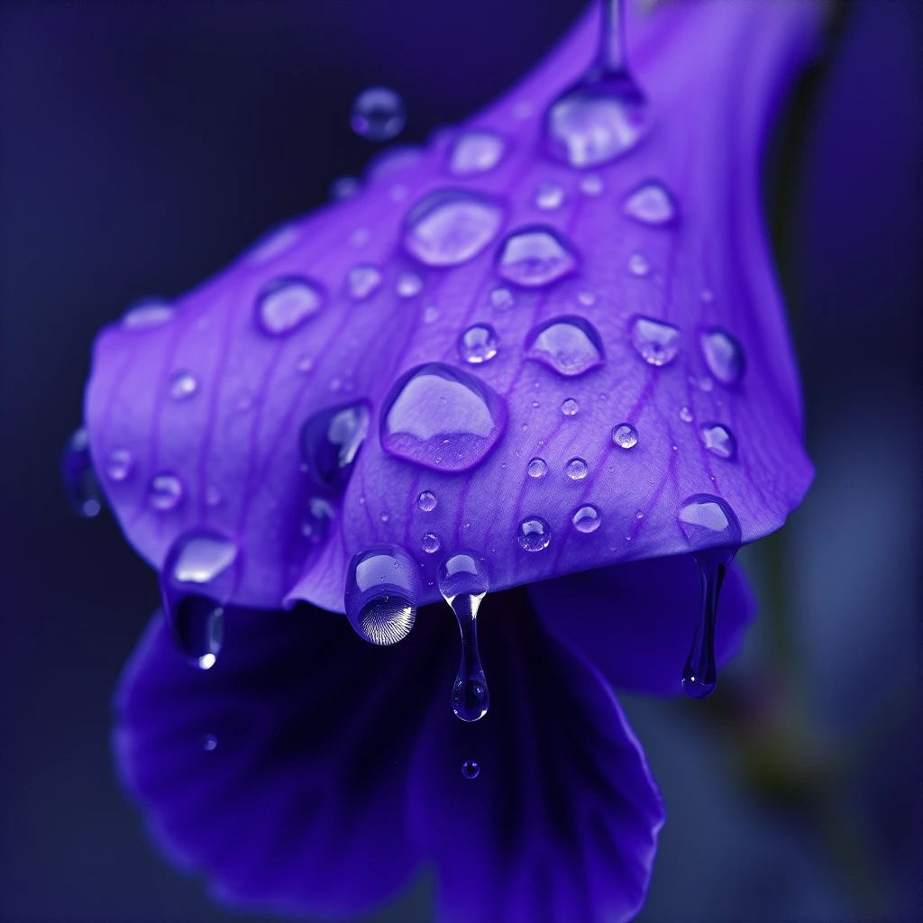 Splashing purple liquid, close-up, purple rain falling on violets, macro photo focus on splashing purple raindrops on the violet petal, in the style of Robert Crumb, Stanley George Miller, and Arnulf Rainer. Cyanotype photo