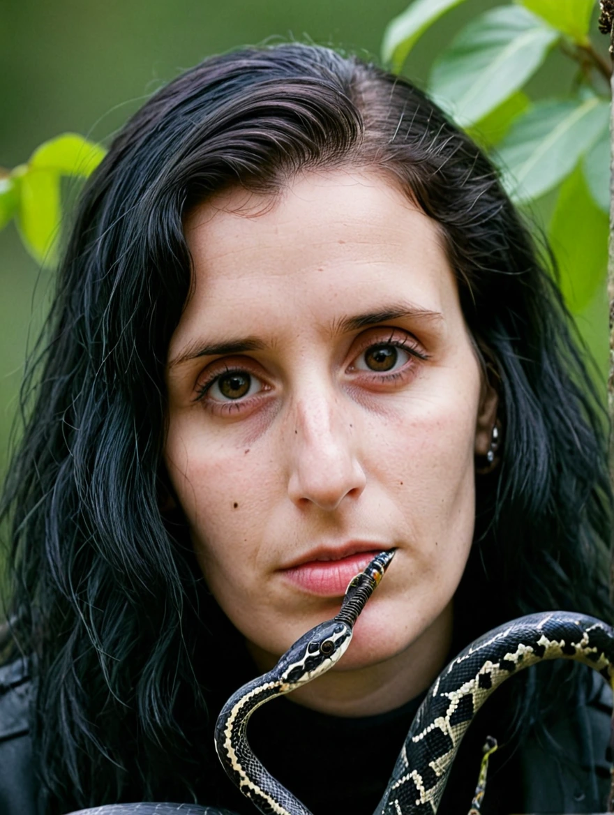 A female goth with piercings and a pet snake