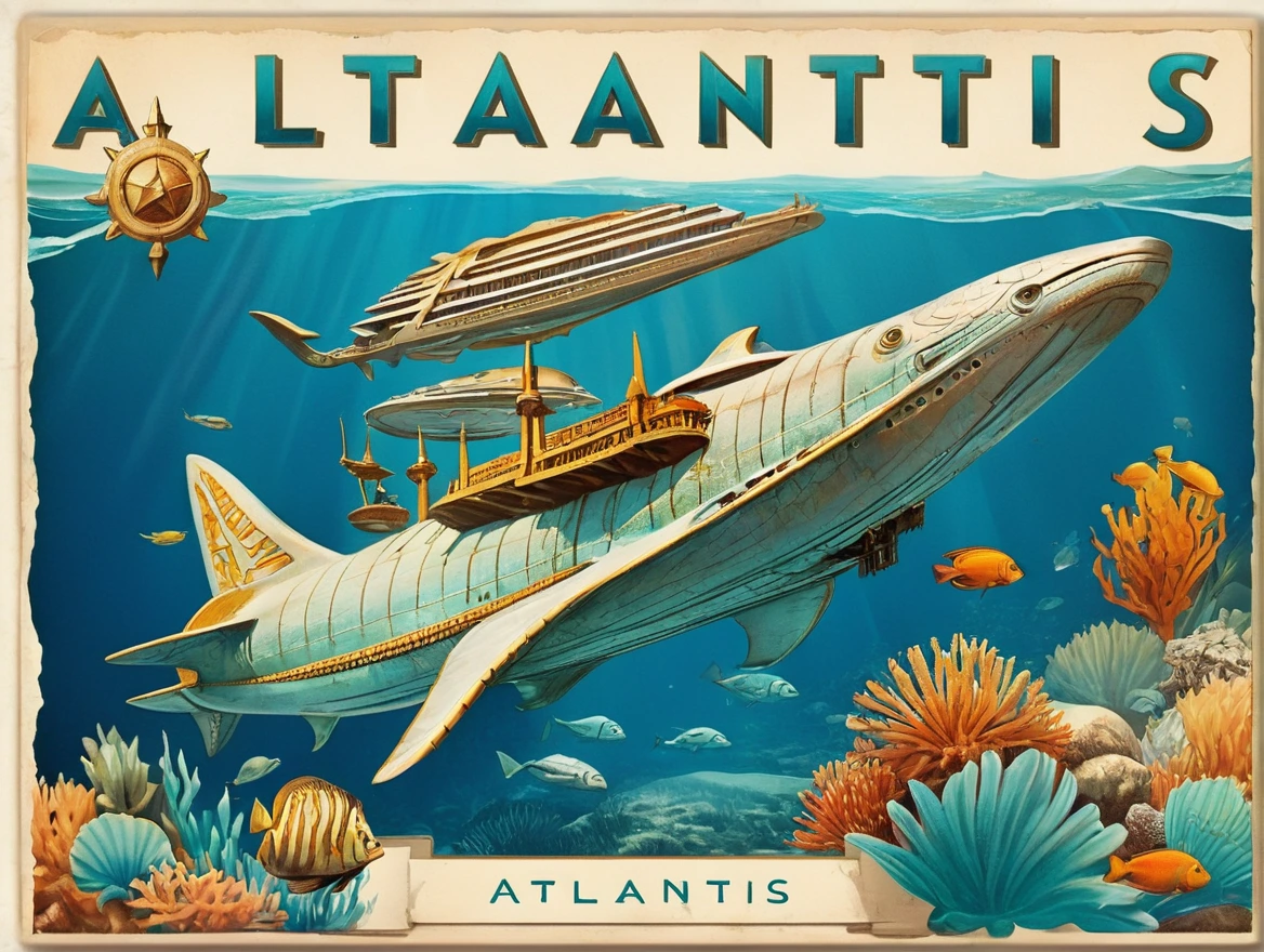 Postcard with text "Atlantis", vintage postcard style,