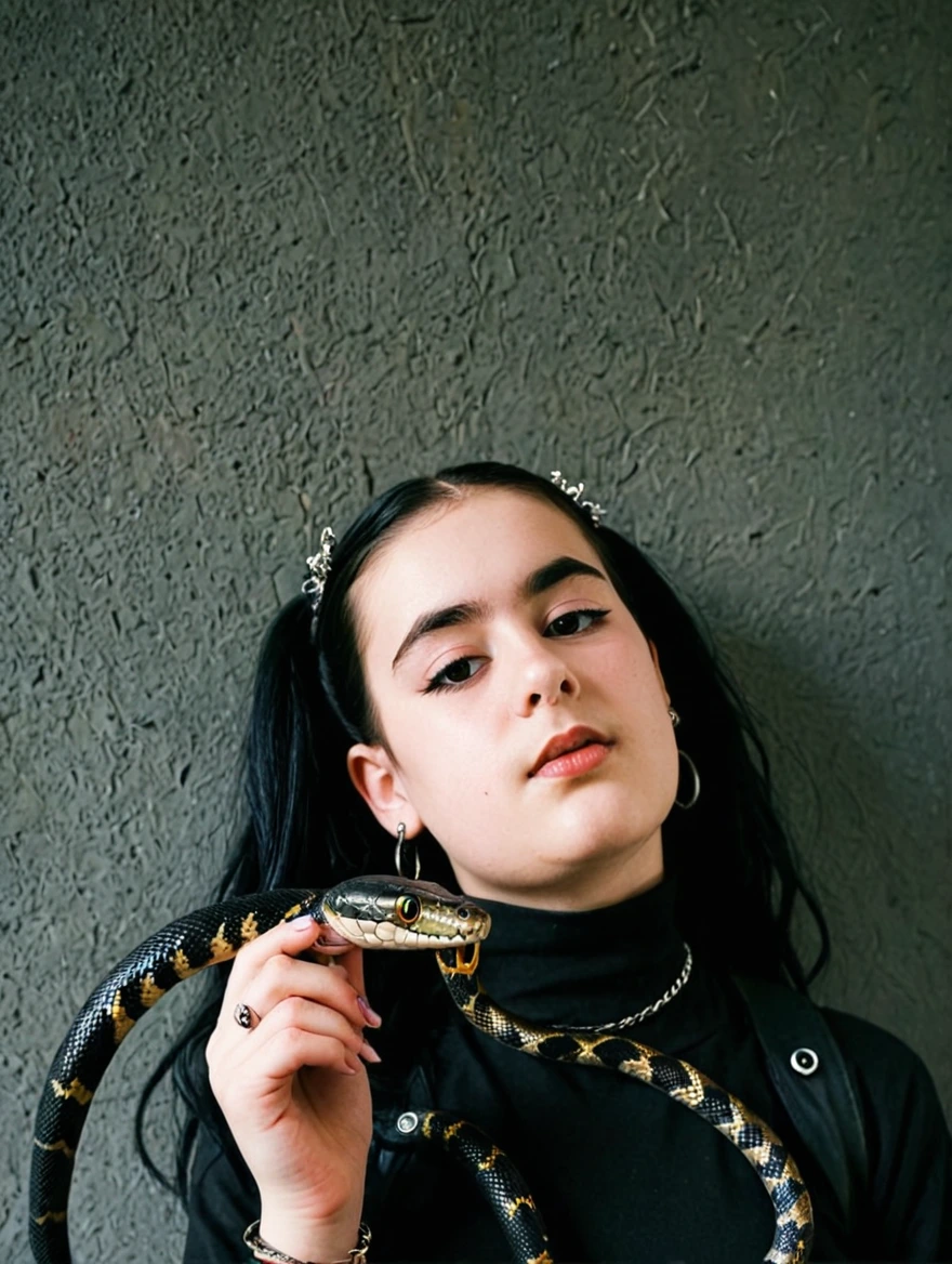 A female goth with piercings and a pet snake