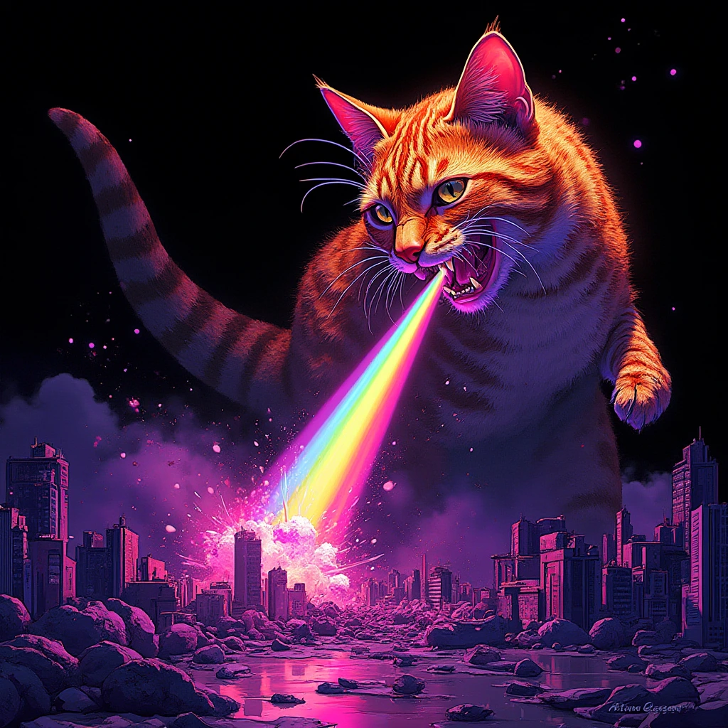 Subject={ Purple microdot acid puddles [A majestic orange tabby cat with T-rex features shooting a vibrant rainbow beam from its jaws, towering over a bustling cityscape. The cat's reptilian eyes gleam with power and mischief as chaos ensues below, buildings crumbling in its wake, a blend of destruction and colorful magic in a photorealistic depiction.] in the style Anton Semenov };
Background={black};
Color={ neon purple phosphorescence};
Technique={hyper-detailed Zentangle};
Create{Subject*(Background+Color)/Technique};