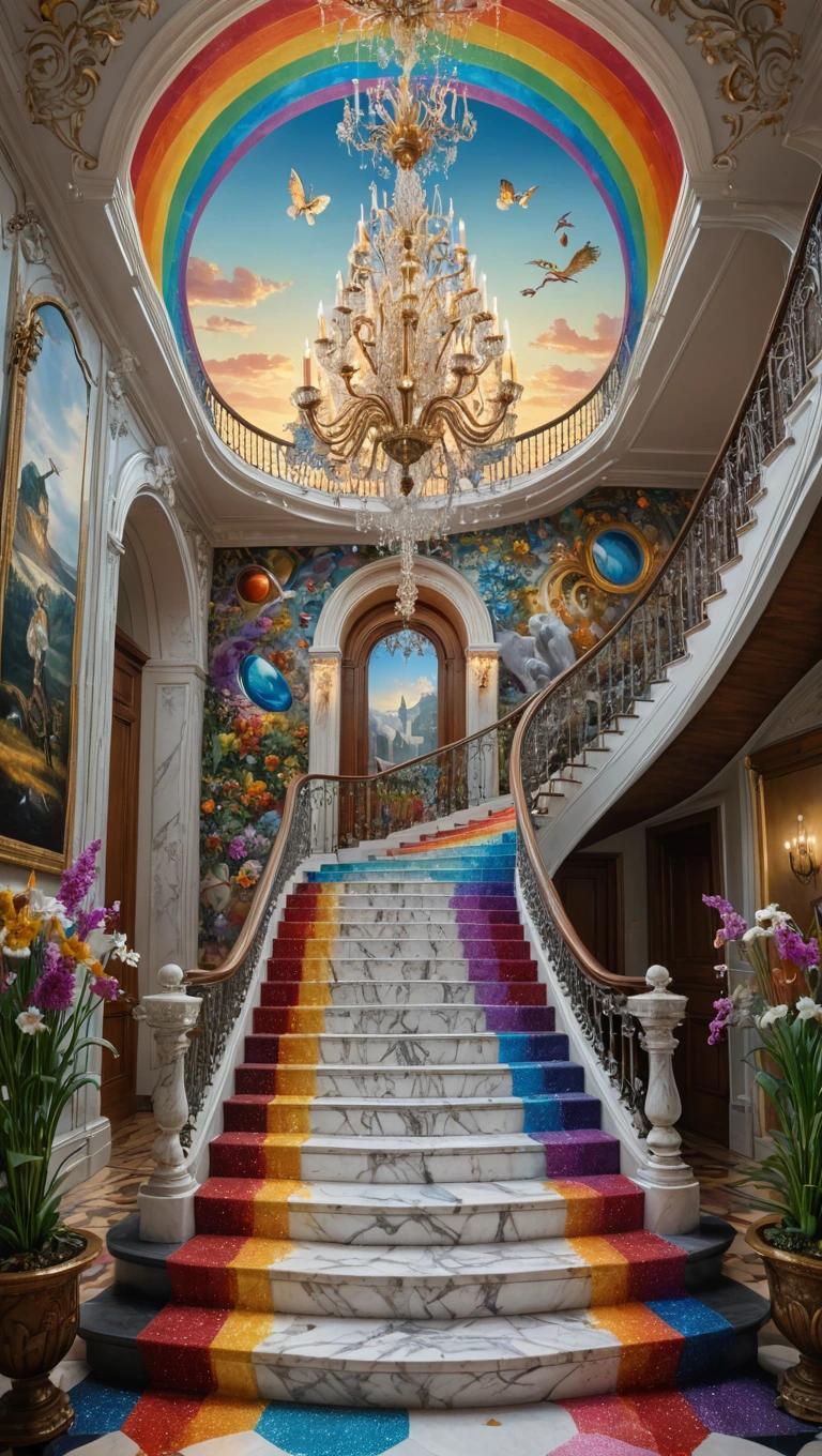 A surreal dreamlike scene of a pristine white marble staircase, adorned with shimmering crystal chandeliers casting rainbow reflections all around, creating a mesmerizing and elegant atmosphere. A surrealistic painting by Tim Burton infused with Dr. Seuss's whimsical charm, featuring a mesmerizing hyper-recursive Droste effect, drawing viewers deep into its intricate layers. The composition juxtaposes self-indulgence against fleeting equilibrium, influenced by the artistic style of Robert Lee Portrait, enhanced by L-system tessellation and Doppler-like visual effects. Expect to be enchanted by this intricate artwork's layers and thought-provoking symbolism, captured in fine detail. A dreamlike setting with sunset hues casting a golden glow over a vast field of wildflowers, reminiscent of Anton Semenov and Michael Cheval's dark fantasy and whimsical absurdity, portrayed in cinematic 8K realism with intricate detail.