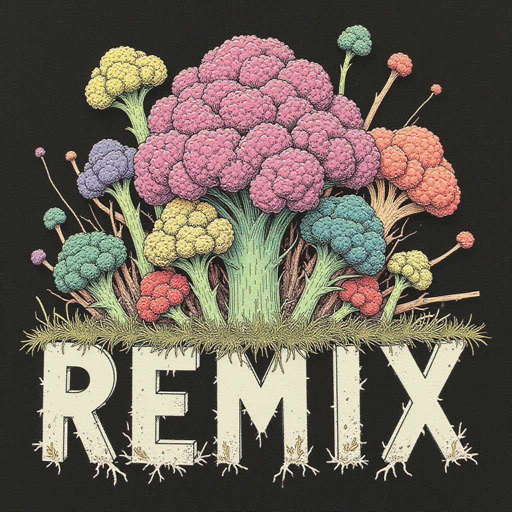 A wild proliferation of broccoli in different styles displayed behind the word "REMIX". Black tshirt design