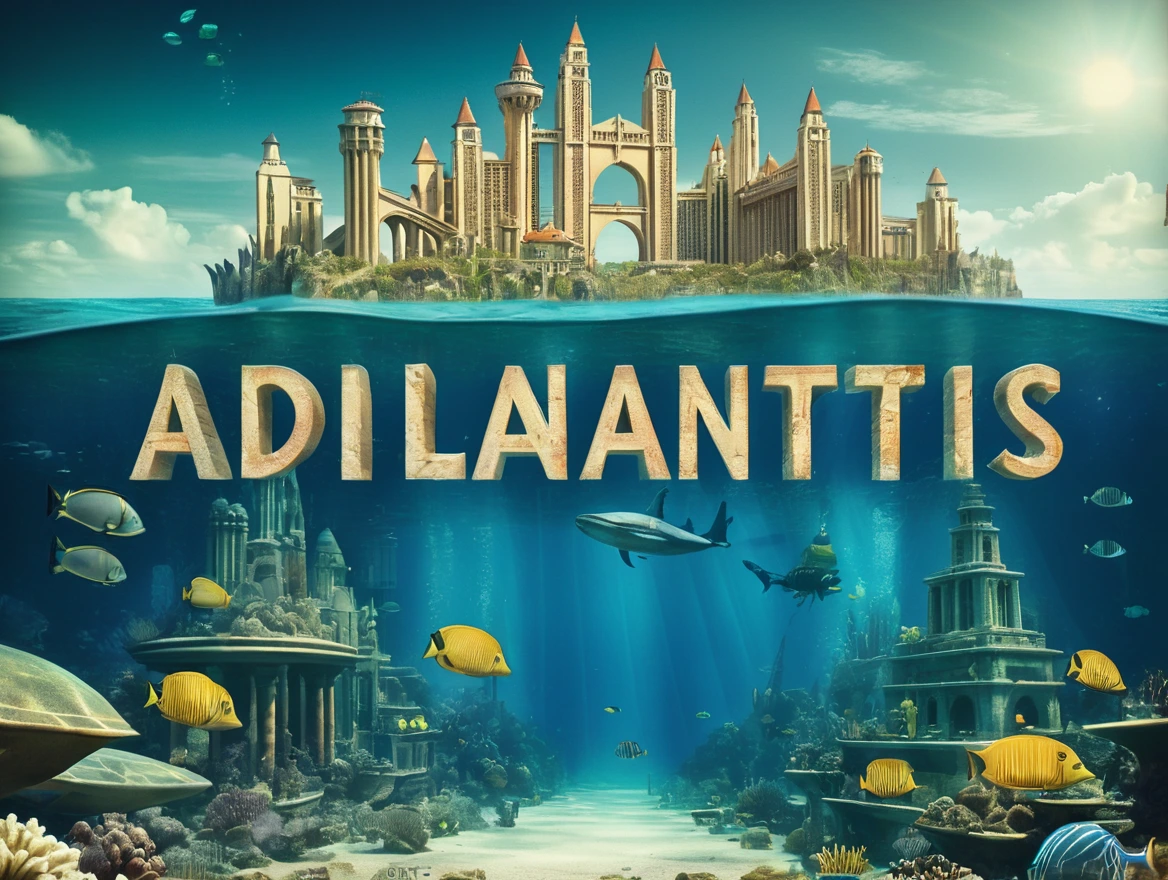 Postcard of the underwater city with text "Atlantis", vintage postcard style,