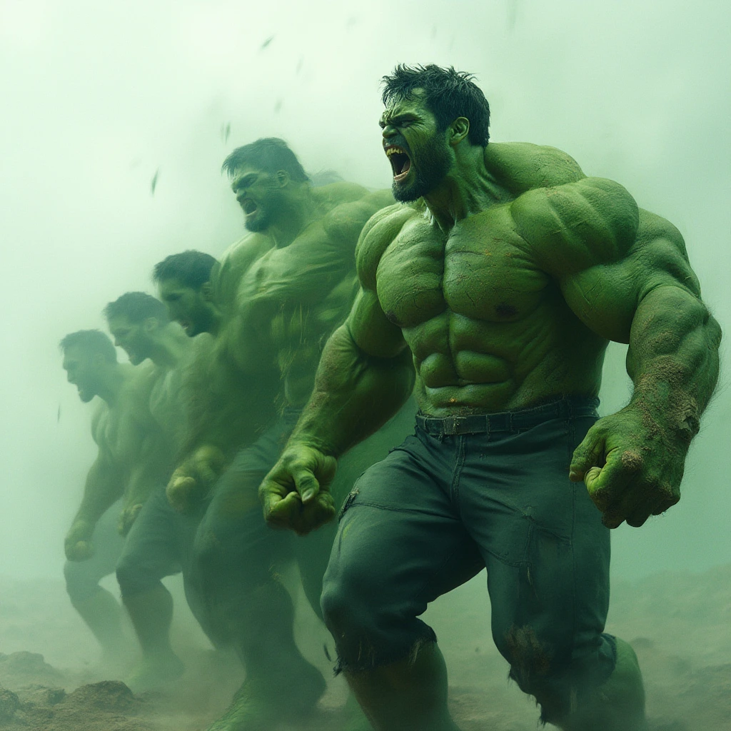 A multiple exposure photography scene in deferent positions capturing both Mark Ruffalo with Halk, shows stages for Mark Ruffalo turns to a massive Hulk with pain and screeming with sound waves effects. The image shows several layers of the transformation in different stages of a flowing Mark Ruffalo move, blending together with blurred transitions. Each layer highlights different points in the movement, from a man till he become the Hulk, creating a sense of fluidity, control, and power. The overlapping layers give the composition a dynamic and abstract quality, emphasizing the energy and pain and massive power of the Hulk.