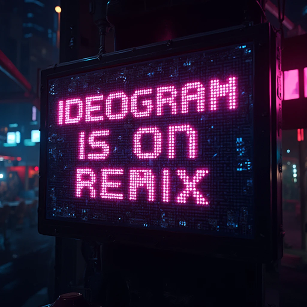 A digital sign with bold, futuristic font reading “IDEOGRAM IS ON REMIX” is set against a dynamic, neon-light background, creating a cyberpunk aesthetic reminiscent of a high-tech hacking scene in a sci-fi movie.