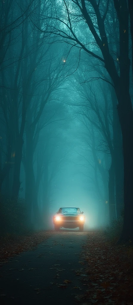 An astrophotograph of a creepy foggy tunnel formed by intermingled and tangled branches of tall trees, with a 1968s dodge charger zooming through the scene, kicking up a trail of autumn leaves from the road. The atmosphere is mystical and creepy  with soft, ethereal light filtering through the fog. The 1968s dodge charger's headlights cast beams through the mist, creating a sense of motion and speed. Stars faintly twinkle through gaps in the trees, adding a cosmic, dreamy element to the otherwise eerie, woodland setting.