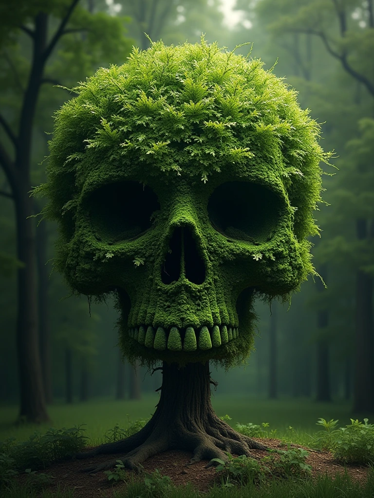 photo of a tree from a distance. The leaves form the very subtle shape of a skull. Extremely detailed hyperrealistic accurate photorealistic ektachrome Deep shadows