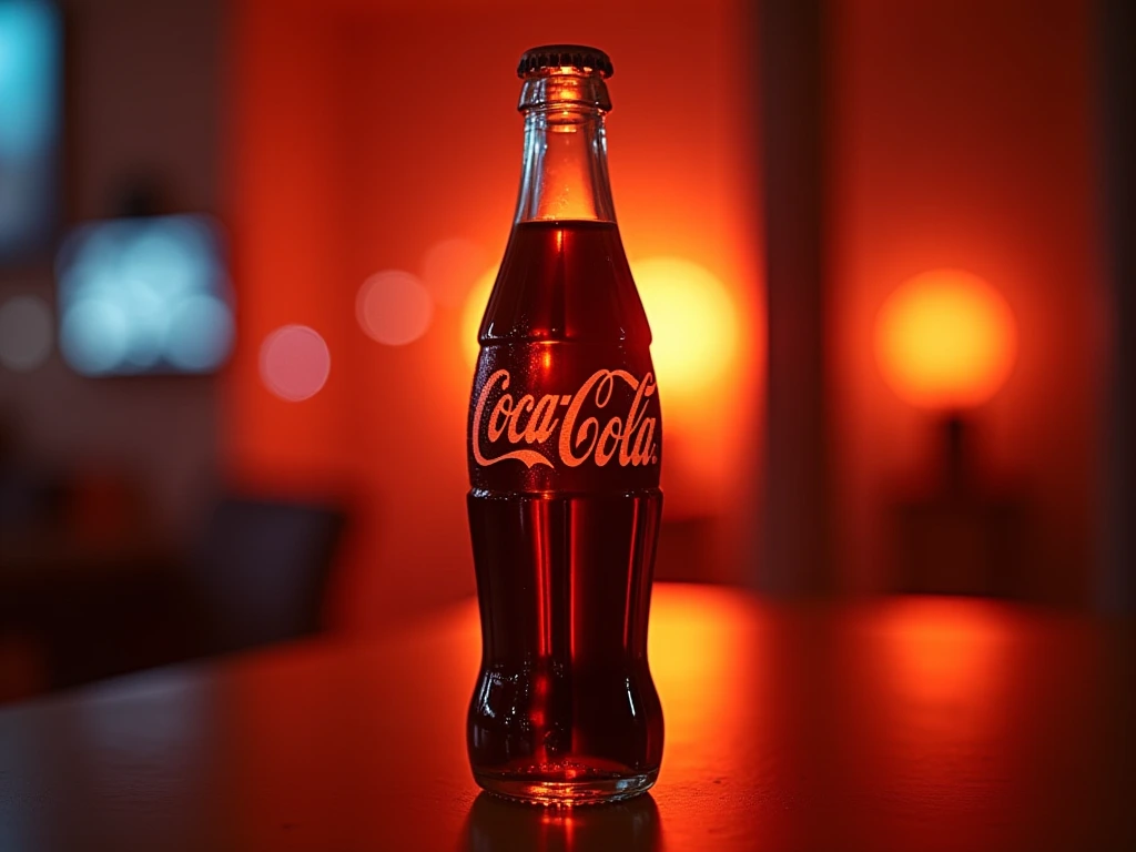 Coca-Cola bottle displayedas an art object, VHS glitch,highly detailed ,orange neon light,artifact effects