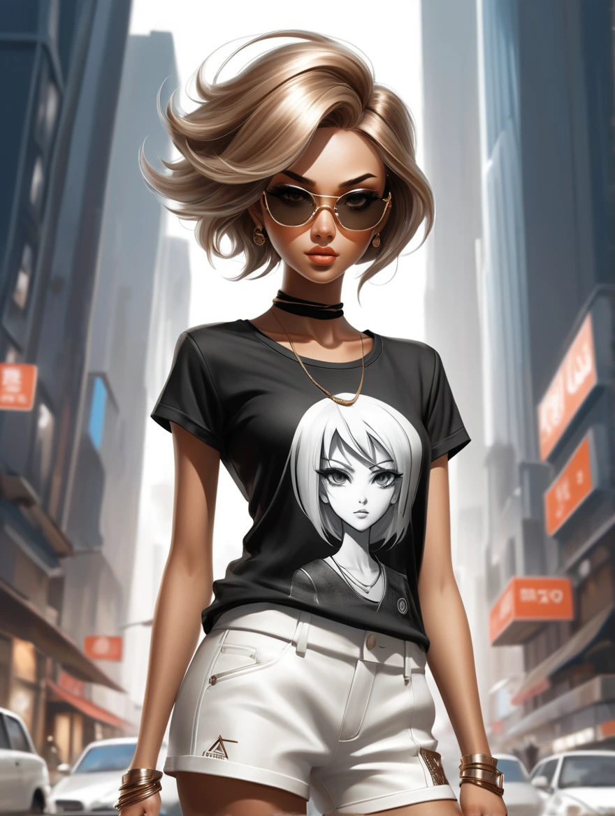 An alluring anime girl with a glamour edge, sexy a trendy combination of a stylish top and short. Inspired by the distinctive style of Adi Granov, the image features a unique blend of light bronze and White tones, creating an exotic and eye-catching look. The character caricatures add a touch of playfulness, muse, while maintaining a crisp and clean appearance. With a hint of hatecore vibes and a nod to Alexis Gritchenko, this composition captures the essence of artistic rebellion add under foto text XF1.