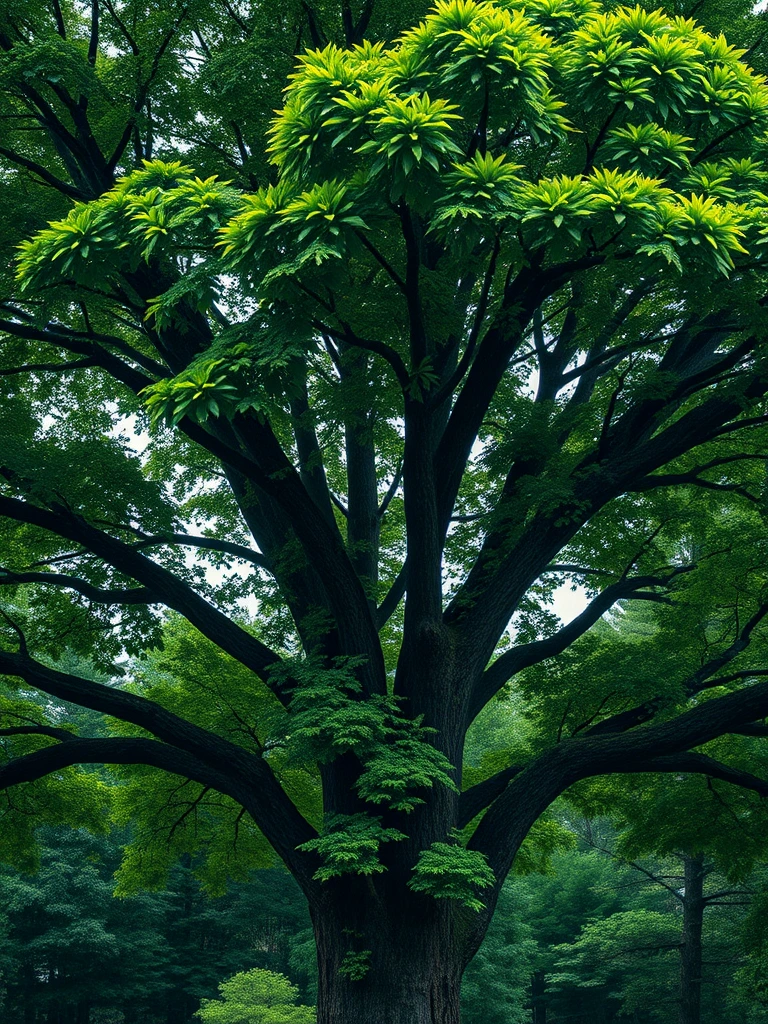 A breathtakingly realistic 8K resolution photograph of a large, lush tree in a tranquil forest setting. The dense canopy of green leaves at the top of the tree has been meticulously arranged to form the subtle yet unmistakable outline of a demonic skull face. The skull is crafted entirely from the natural shapes and textures of the leaves, with the background forest visible through the spaces between the leaves to create the impression of the skull's features. The design is remarkably intricate, requiring close inspection to fully discern the eerie visage hidden within the treetop. The lighting is natural and the details are crisp, creating a sense of photographic realism. Everything about the image, from the tree's majestic form to the unsettling skull hidden within, should captivate the viewer's attention.