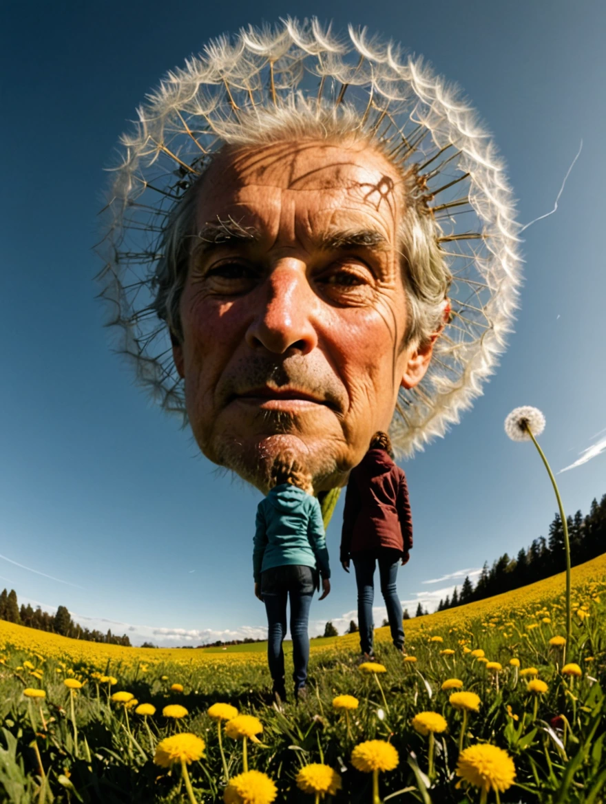 tiny woman standing under a giant dandelion