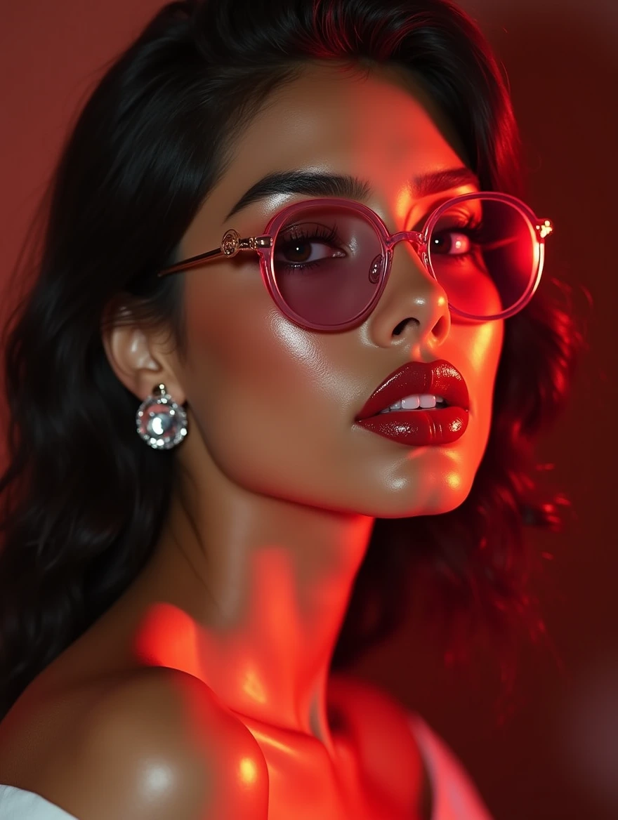 A stunning high-resolution portrait showcasing a beautiful Middle Eastern woman with radiant red lips that appear almost luscious and glowing. Her skin has an iridescent quality, catching the light in a mesmerizing way. Her eyes are deep black and captivating, drawing you in. She wears trendy clear ear wear with larger pink frames, adding a touch of modernity to her classic beauty. The overall aesthetic is minimal yet impactful, with a focus on her phenomenal features.