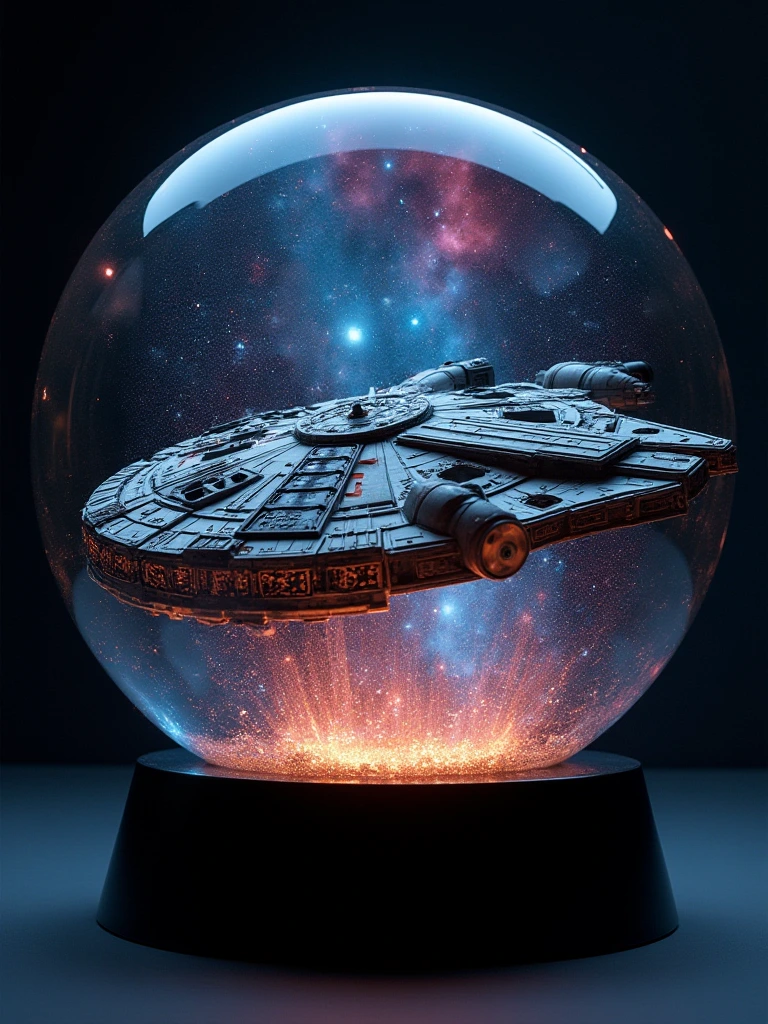 A round glass sphere measuring 12 inches in diameter, with a glowing galaxy and the spaceship 'The Millennium Falcon' inside featuring intricate details of swirling stars, colorful nebulas, and planetary systems. The glass sphere is placed on a sleek black base, illuminated by soft spotlighting to enhance the photorealistic quality of the galaxy within.