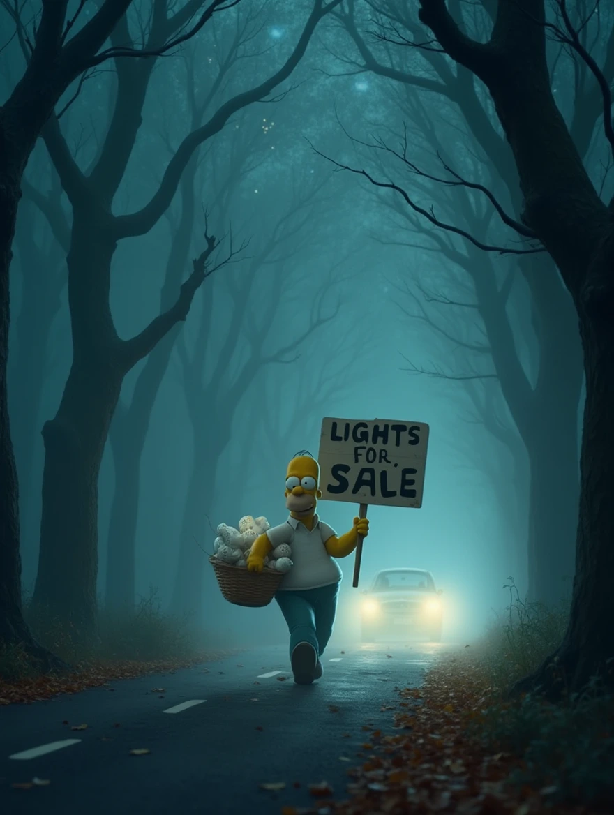 Homer Simpson walking in a foggy Forrest with a basket  full of lightbulbs.formed by intermingled and tangled branches of tall trees,holding a large signboard with thectext " LIGHTS FOR SALE", with a car zooming through the scene, kicking up a trail of autumn leaves from the road. The atmosphere is mystical with soft, ethereal light filtering through the fog. The car's headlights cast beams through the mist, creating a sense of motion and speed. Stars faintly twinkle through gaps in the trees, adding a cosmic, dreamy element to the otherwise eerie, woodland setting.