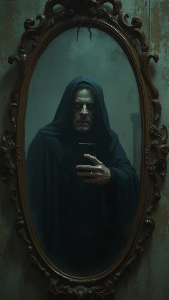 A vampire taking a selfie in front of an old mirror, where only the surroundings are visible, but not the vampire itself, capturing the eerie emptiness