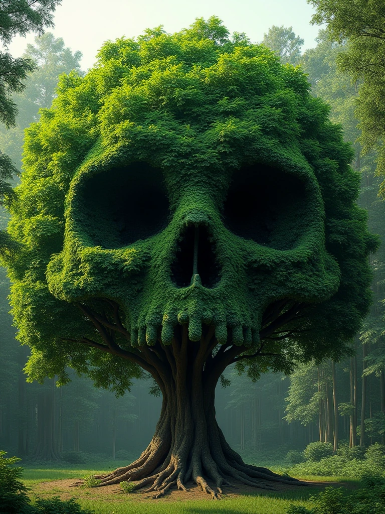 A breathtakingly realistic 8K resolution photograph of a large, lush tree in a tranquil forest setting. The dense canopy of green leaves at the top of the tree has been meticulously arranged to form the subtle yet unmistakable outline of a demonic skull face. The skull is crafted entirely from the natural shapes and textures of the leaves, with the background forest visible through the spaces between the leaves to create the impression of the skull's features. The design is remarkably intricate, requiring close inspection to fully discern the eerie visage hidden within the treetop. The lighting is natural and the details are crisp, creating a sense of photographic realism. Everything about the image, from the tree's majestic form to the unsettling skull hidden within, should captivate the viewer's attention.