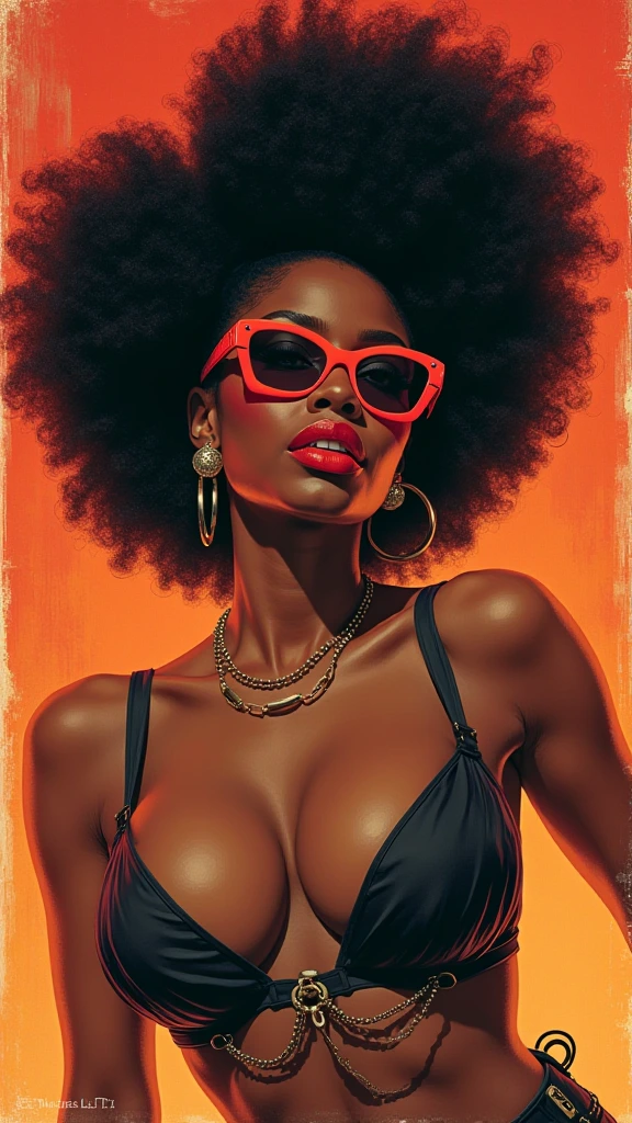 A plus-sized African-American woman starring as the "Atomic Punk Girl" in a retro Sci-Fi movie poster. The scene captures a 70s aesthetic with a textless design, embracing a retro-noir vibe. Her striking overdone Afro hairstyle commands attention, complemented by a revealing decolletage. Drawing inspiration from the likes of Gil Elvgren and classic pin-up artists, this dynamic artwork exudes a fusion of vintage allure and futuristic charm.