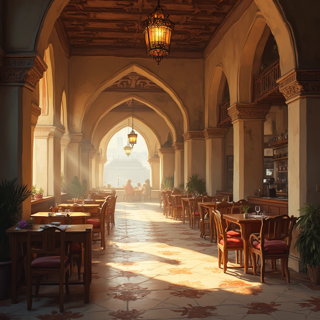 a hyper-realistic digital painting of a beautiful islamic Arabian style cafe at morning coffee