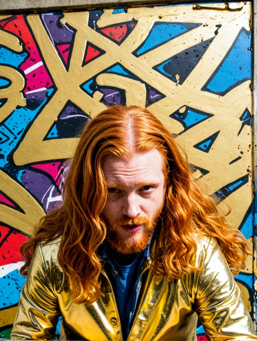 Solid Gold male dancer with long ginger hair and a trimmed beard , inspired by Mr brainwash streetart