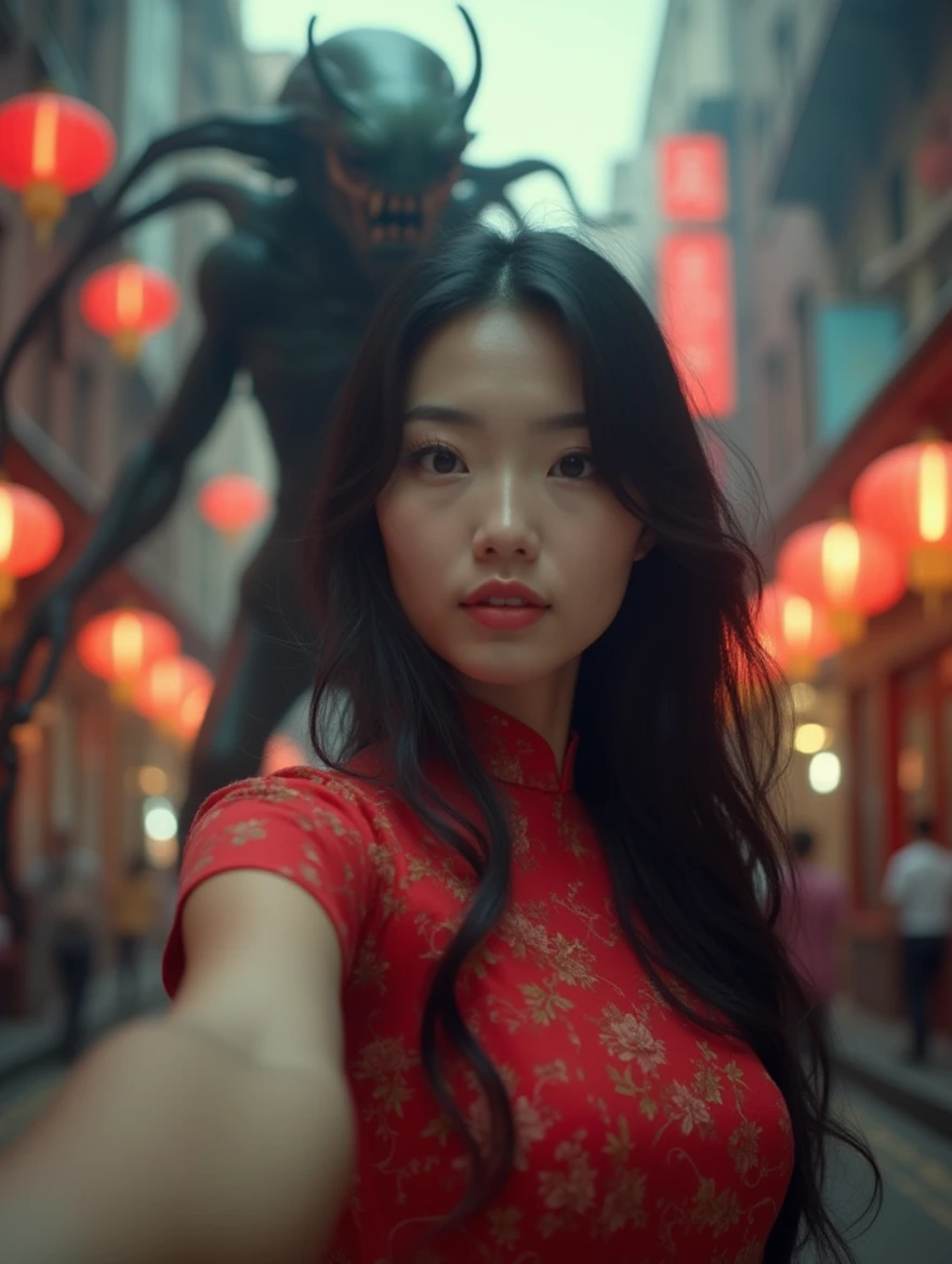 A Chinese woman with long black hair, clad in a vivid red cheongsam dress, strikes a confident pose on a vibrant city street. With a surprising turn of events, a daunting creature reminiscent of "Alien" emerges in the background, its eerie tentacles reaching towards her with a supernatural aura. The high-quality image showcases dynamic lighting and a cinematic composition, seamlessly blending reality with a thrilling touch of the fantastical. The woman captures a selfie, unfazed by the monster looming behind her, both figures sharply in focus.