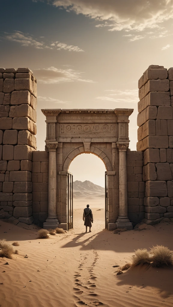 A stone door like the Roman civilization in the middle of the vast and barren desert, and there is a man standing in the middle of the gate in a blurry, surreal cinematic atmosphere, wide shot.