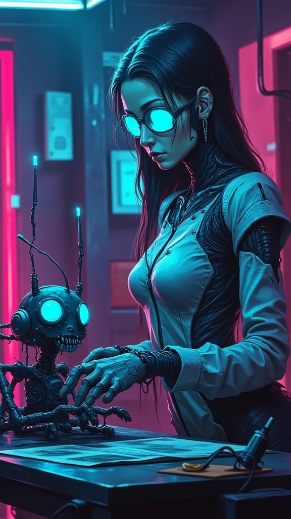 AstroGirl, a futuristic robotic goth woman with glowing blue eyes and sleek silver armor, diligently assembling another droid on a futuristic workbench in a neon hightech factoren. 
The scene is intricately detailed in the style of Arcane anime, with dynamic neon lighting and vibrant colors showcasing the advanced technology and hustle-bustle of the futuristic world.