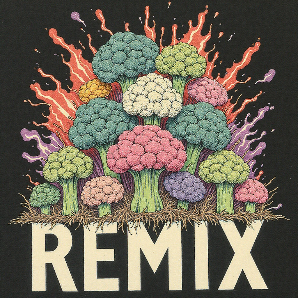 A wild proliferation of broccoli in different styles displayed behind the word "REMIX". Black tshirt design