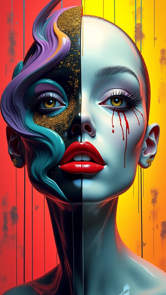 A surreal digital illustration of a stylized human face made up of abstract, fluid shapes, with a combination of smooth, flowing lines and sharp geometric edges. The left side of the face is formed by a mix of colorful, swirling liquid shapes in shades of glittery golden specks, purple, teal, and black, wet dripping down, while the right side features a more rigid cybernetic, white, sculpted form with digital and mechanical features. The lips are bright red and glossy, positioned centrally, creating a striking focal point. The background is an eerie prison cell red graffiti that transitions from warm yellow-orange at the center to a darker shade at the edges, giving a glowing effect behind the abstract face. The overall style is futuristic and artistic, with a strong emphasis on contrast and symmetry.